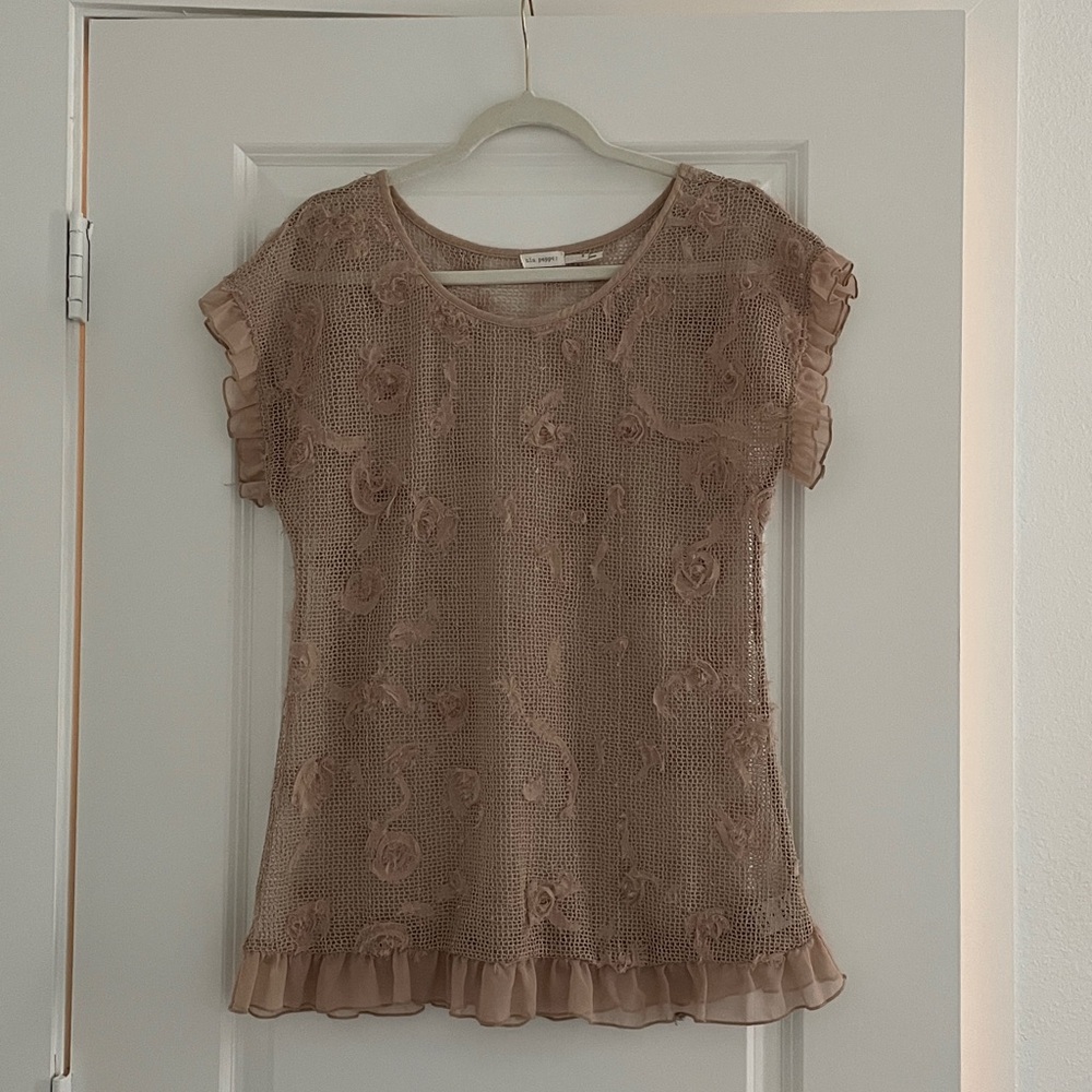 Blu Pepper Overlay Top Sheer Loose Mesh Textured Ruffle Hem